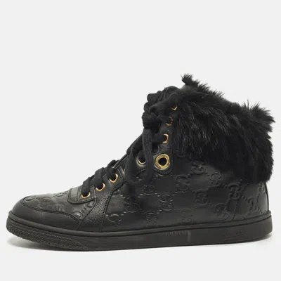 Pre-owned Gucci Ssima Size 37 Black Cada Fur And Leather High Top Sneakers