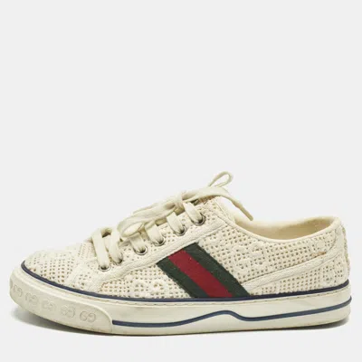 Pre-owned Gucci Ssima White Crochet Lace Up Sneakers Size 38
