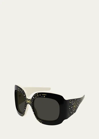 Gucci Star Crystal Acetate Wrap Butterfly Sunglasses In Shiny Black