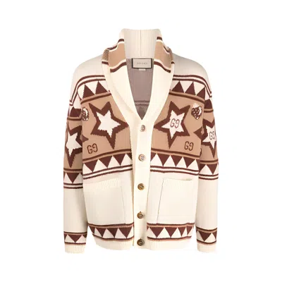 Pre-owned Gucci Star Motif Wool Cardigan 'ivory/camel' | Cream | Men's Size L In White