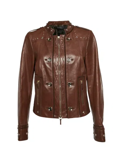 Pre-owned Gucci Star-stud Biker Jacket In Brown