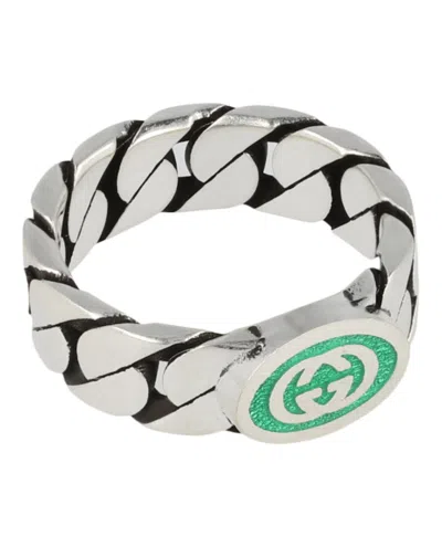 Pre-owned Gucci Sterling Interlocking G Ring In Silver/green In Multi