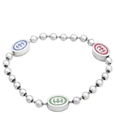 Pre-owned Gucci Sterling Silver And Enamel Boule Chain Interlocking Bracelet In Check Description