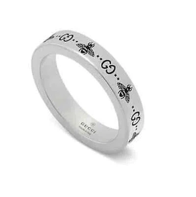 Pre-owned Gucci Sterling Silver Signature Gg Bee Motif Ring, Size 14
