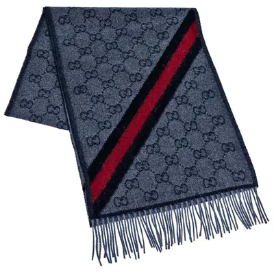 Pre-owned Gucci Stole Alpaca Wool Gg Pattern Web Line Fringe Scarf Midnight Bl In Blue