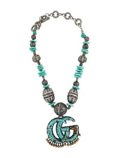 Pre-owned Gucci Stone & Resin Gg Marmont Beaded Pendant Necklace, 29" In Multi