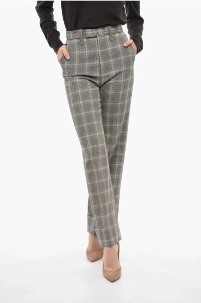 Gucci Straight Fit Flax Blend Trousers With District Check Motif In Grey