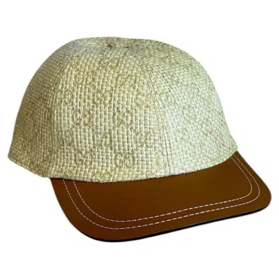 Pre-owned Gucci Straw And Leather Baseball Cap Full Set With Box And Dustbag Unused In Sand