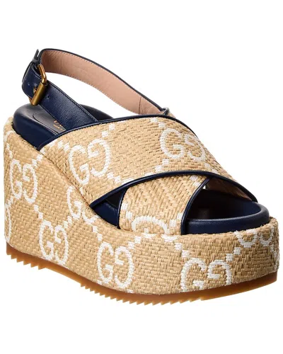 Gucci Straw & Leather Platform Wedge Sandal In Beige