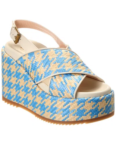 Gucci Straw & Leather Platform Wedge Sandal In Blue