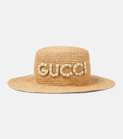 Gucci Straw Bucket Hat In Natural,multi