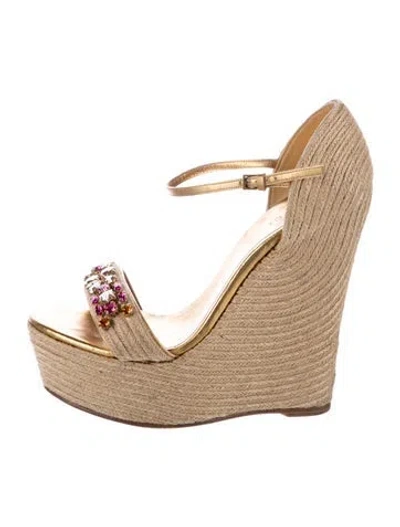 Pre-owned Gucci Straw Crystal Embellishments Espadrilles In Gold