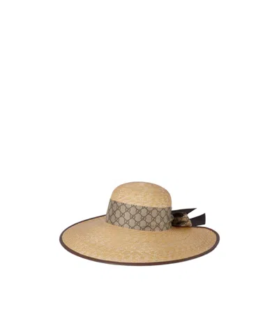 Gucci Straw Wide Brim Hat With Gg Bow In Brown