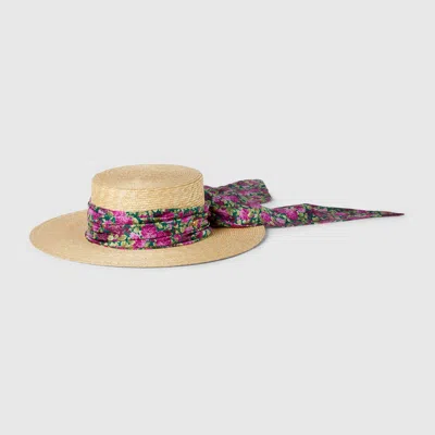 Gucci Straw Wide Brim Hat With Ribbon In Beige
