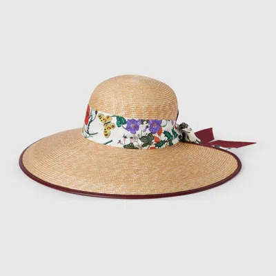 Gucci Straw Wide Brim Hat With Silk Bow In Brown