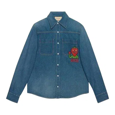 Pre-owned Gucci Strawberry Patch Denim Jacket 'blue' | Men's Size 46