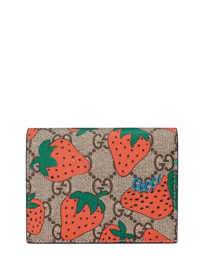 Gucci Strawberry Print Gg Canvas Card Case In Brown