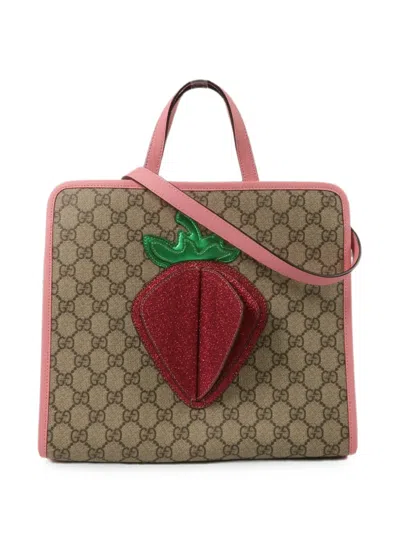 Pre-owned Gucci Strawberry-motif Gg Canvas Tote Bag In Neutrals