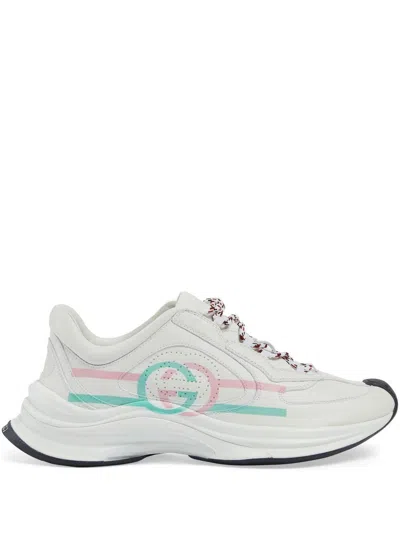 Gucci Streamlined Fashion Essential: Women's White, Pink, And Green Leather Sneakers In Gray
