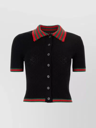 Gucci Stretch Cotton Blend Cardigan With Contrast Stripe In Black
