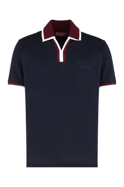 Gucci Stretch Cotton Piqué Polo Shirt In Blue