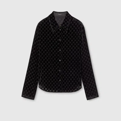 Gucci Signature Gg Velvet Long Sleeve Shirt In Black