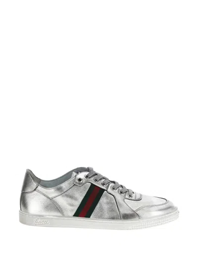 Gucci Stretch Metallic Leather Sneakers Rubber Sole In Silver