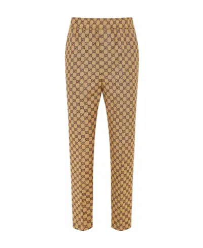 Gucci Gg Supreme Cotton-blend Pants In Camel,ebony