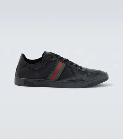 Gucci Stretch Web Stripe Leather Sneakers In Black