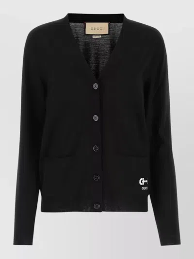 Gucci Stretch Wool Blend V Neck Cardigan In Black