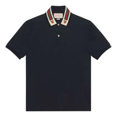 Gucci Stripe Short Sleeve Polo Navy Blue In Black