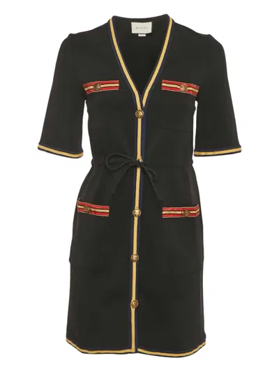 Pre-owned Gucci Stripe Trim Button Dress In Black