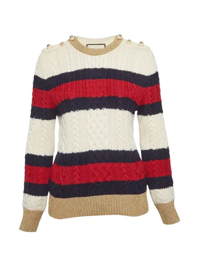 Pre-owned Gucci Striped Cable-knit Sweater In White