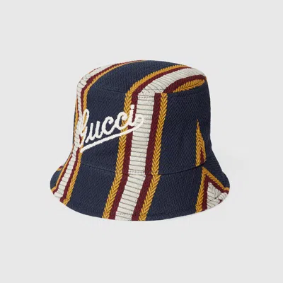 Gucci Striped Canvas Bucket Hat With Embroidery In Blue