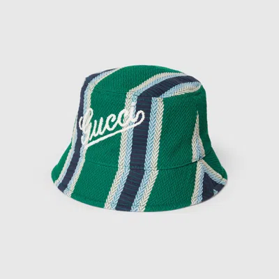Gucci Striped Canvas Bucket Hat With Embroidery In Green