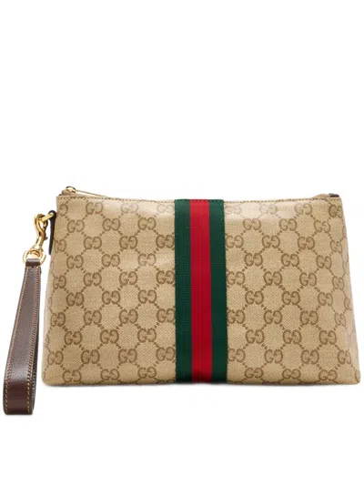 Gucci Gg Coated Canvas Wristlet With Web Stripe And Leather Trim In Brown