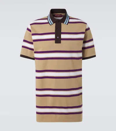 Gucci Striped Cotton Jersey Polo Shirt In Beige