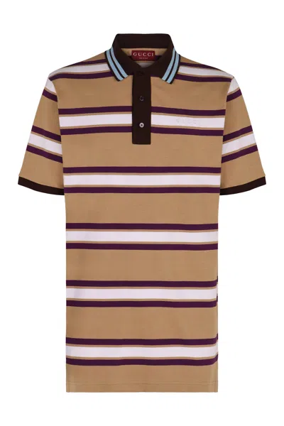 Gucci Beige Polo Shirt With Logo Imprinted On The Front And All-over Striped Motif In Cotton Man In Multi