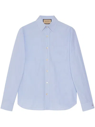Gucci Striped Cotton Shirt With Embroidered Detail For Men In White