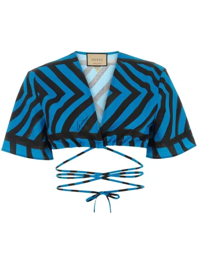 Gucci Women Printed Cotton Blend Crop Top In Blue