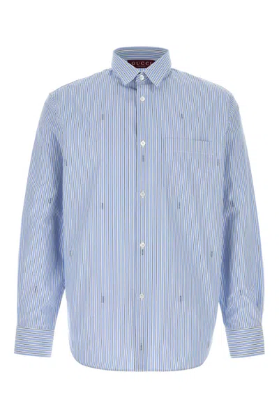 Gucci Striped Embroidered Poplin Shirt In Blue