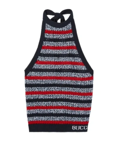 Gucci Striped Fine Cotton Knit Halterneck Top In Multi