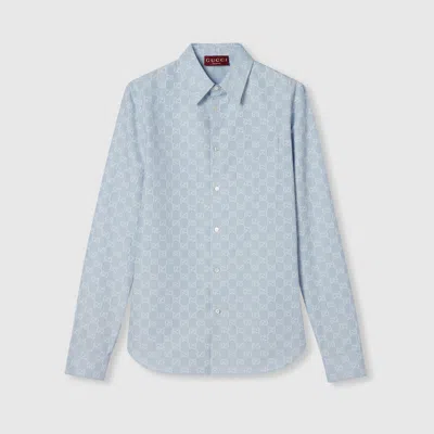 Gucci Cotton And Silk Shirt With All-over Gg Logo In Blue