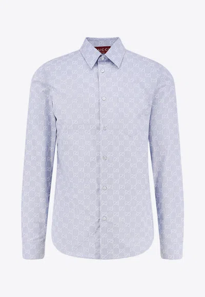Gucci Cotton And Silk Shirt With All-over Gg Logo In Blue