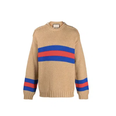 Gucci Camel Brown Crewneck Sweater With Web Intarsia In Wool And Mohair Man In Multi