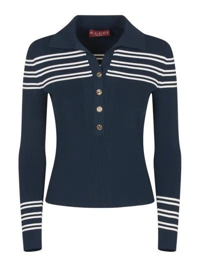 Gucci Striped Ribbed-knit Polo Top In Navy