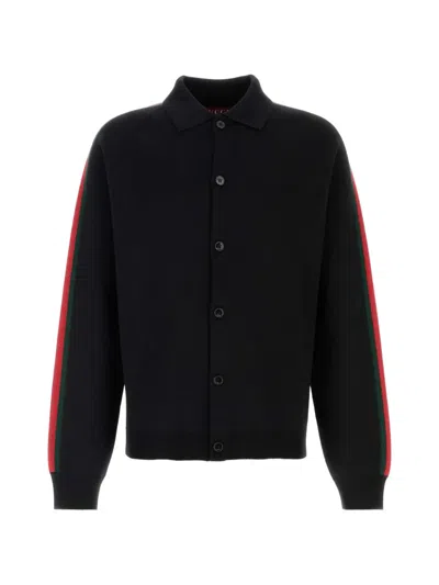 Gucci Wool Blend Cardigan Contrast Stripe Detail In Black