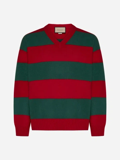 Gucci Striped Wool Blend V Neck Sweater In Red