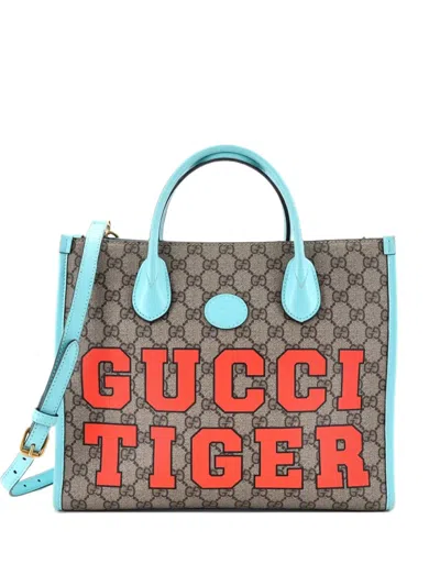 Pre-owned Gucci Structured Top Handle Open Tote Printed Gg Coated Canvas Small Satchel In Blue