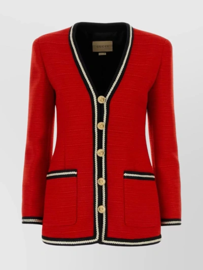 Gucci Structured Tweed Jacket With Front Pockets In Red